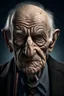 Placeholder: wrinkled old man with bloodshot eyes and a cane