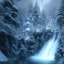 Placeholder: Ice palace, white snow, moonlight, waterfall, grand landscape, John Rowe, realistic, unreal engine, artstation