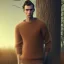 Placeholder: a full picture of a tall skinny man with light and greasy hair wearing a woolen sweater standing outside in nature