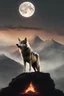 Placeholder: digital art of a wolf on a mountain in front of a photo realistic burning moon