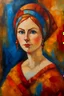 Placeholder: A painting of a woman in a symbolist painting style mixed with a post impressionist painting style