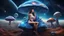 Placeholder: beautiful women sitting with no braa on a big blue mushroom in space, planets at the back ground, hyper realistic.