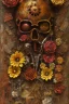 Placeholder: an abstract painting of rusted metal and flowers, african, rust, scaffolding, iron cladding, decay, mixed media, textured, anatomically correct, beautiful perfect face, sharp focus, highly detailed