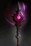 Placeholder: A sorceress evil staff that is a mix colors of red and black crystals and sharp edges, with black aura swirling around it