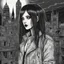 Placeholder: create a disturbing full body portrait horror illustration of a dark haired, savage, gothpunk vampire girl with highly detailed , sharply defined hair and facial features, in a dark, otherworldly London in the manga style of Junji Ito, precisely drawn, inked, with dramatic edges,