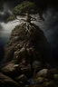 Placeholder: Acrylic painting of a twisted tree growing from a round rock, roots twisted around the rock and hanging below, cantered image, lots of negative space around, dark background, muted colours, minimalistic