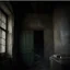 Placeholder: An ancient, weathered door stands in an abandoned house, shrouded in deep, engulfing darkness. The walls are rough and covered in moss and dust, with wooden beams crumbling and floors uneven. The faint light coming from a small particle of the philosopher's stone, placed mysteriously near the door, emits a warm, surreal glow, contrasting with the surrounding darkness. The stone’s light weakly illuminates the nearby area, casting long, eerie shadows. The atmosphere is thick with mystery and tensi