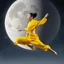 Placeholder: A woman martial artist monk in a yellow suit is jumping in the air next to planet with a large moon