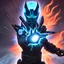 Placeholder: A commander wearing a matte black helmet with flaming eyes with flaming light blue pupils Two infinity gauntlets contain six infinity stones, one of which is made with nano In the hands of a powerful man walking