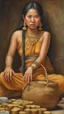 Placeholder: (((Nang Kwak))) is a Thai woman, beautiful face, wearing a loincloth. wear jewelry Hair styled in the traditional Dok Krathum style, sitting with a squat fold, left hand resting on the lap. There is a bag of money on the hand. Right hand raised in a calling gesture. Oil painting, realistic, wide angle