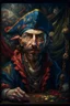 Placeholder: portrait of crazy art pirate thief in front of insane painting in the style of Escher, 4 k, down light, depth of field, trending on art station, high detail, cracked ground