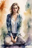 Placeholder: watercolor painting of a beautiful of a 25 year old woman, full body down to knees, realistic skin texture, looking into the camera, atmospheric light, realistic colors