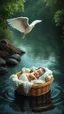 Placeholder: A baby sleeping in side a basket bed that is floating in the river and an angel with wings flying over the him