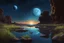 Placeholder: Dark blue sky with one exoplanet in the horizon, rocks, cliffs, puddle, weeds, sci-fi movies influence, movie wallpaper, epic, ernest welvaert and charles leickert impressionism paintings