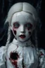 Placeholder: A hauntingly beautiful porcelain doll with small storms for eyes. Her skin is pale and cracked like porcelain. Her hair is red like wine with fire coming out. Her lips are sewn together except for one corner that is ripped and bleeding.