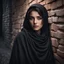 Placeholder: Hyper Realistic Young-Beautiful-Pashto-Women-With-Beautiful-Eyes in black shawl peeking-half-faced from a cracked-brick-wall at night with dramatic & cinematic ambiance