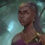 Placeholder: femme africaine lèzard guerrière heroic fantasy dans une forêt de sapins sur un astéroide