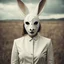 Placeholder: Surrealist vintage photo of a woman wearing eerie white broken leather rabbit mask with hollow eyes, in a desolate rural setting, vintage-styled, stained body, overcast lighting, shot with a shallow depth of field to emphasize the haunting mood.