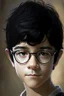 Placeholder: A 12 year old boy with short black hair white skin and brown eyes and black small glases grin no teet