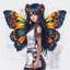 Placeholder: half body, long hair, with detailed blueprints and engineering schematics of a walking hybrid Madagascan sunset moth insect girl, in anime style, drawings, 8k, vibrant natural colors, white skin, wings above shoulder