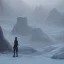 Placeholder: lost, feeling, person, biped, winter landscape, ice field, crystals, surreal, dreamlike, foggy