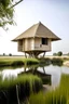 Placeholder: A triangle floating house with a thatched roof in a wetland in Costa Brava, that integrates nesting elements for birds