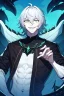 Placeholder: plauge doctor in balck leather clothes with silver hair, pale skin and bright green eyes smiling with sharp teeth, nice young face, male, viscious smile