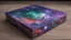 Placeholder: a box 10 cm long by 5 cm wide and 25 cm high, drawn on a box on all sides, space, tress, planets, butterfly nebula, crow, purple, green and red, realistic