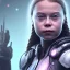 Placeholder:  Greta Thunberg cyberpunk, head, women, portrai, tron sketch of a girl on lined paperA beautiful one nude body of a make up smiling woman blond long hair, alone, high key lighting, volumetric light high details with white stripes and blue eye, smiling with plump pink lips, flowers around, unreal engine petit prince belle fine, profil de trois quart, grand front cosmique, peau bleu cristalline, yeux bleu, perle sur le front long cheveux blond et rose etoilé, cristaux sur le corps, collier de gra