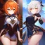 Placeholder: portrait of genshin from genshin ((genshin)) ((genshin ingame outfit)) wearing a short skirt, black short hair, orange eyes
