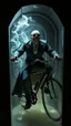 Placeholder: full figure man that has mouth moved down to his neck and he has no chin on a vampire bike inside glass coffin