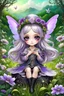 Placeholder: cute happy fairy girl with little wings and rounded ((purple eyes)), big long silver hair, sitting her nice hat a tiny black (kitty with green eyes) , chibi, 3d anime character, detailed, fantasy style, nice picture in the big meadow with pale colors flowers