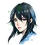 Placeholder: a headshot of an androgynous person with shoulder length black hair, one green eye and one blue eye, intricately detailed, watercolor splash art, brushstrokes