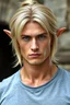 Placeholder: A portrait of an attractive stern bat with wig, shoulder-length blond hair tied in a tight knot, pale skin,light green eyes, muscular build, wearing grey t-shirt