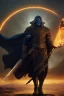 Placeholder: Thanos is the god of power and evil The commander wears a black cloak and a long coat with long combat boots and a long spear with a hat under his cloak with blue flame eyes, a sword like a spear The sun in the palm of a brave man in the middle of the desert