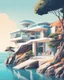 Placeholder: Architectural illustration of a captivating masterpiece of modern minimalist architecture, neo-futurist style. The scene shows a luxury house or resort on a cliff by the sea. Trees three people. Clear summer weather. Complementary colors. 8k