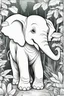 Placeholder: coloring page for kids, Gentle elephant in a lush peaceful jungle, cartoon style, thick outline, low details, no shading, no color