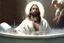 Placeholder: Jesus is bathing. playing with foam and rubber duckies in his bathrobe. halo on his head. 4K David Palumbo