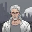 Placeholder: Portrait, male character with grey hair, t-shirt comic book illustration looking straight ahead, post apocalypse