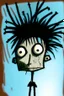 Placeholder: 2d drawing of a stickman, cool with punk hair, x eyes like in hangman, standing, slightly bended over and looking back into the camera, close-up ,3d realistic in colour