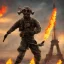 Placeholder: fantassin zombie lance flammes, armée française, bonbonnes napalm dans le dos, yeux rouges, Tour Eiffel en fond. Tour Eiffel endommagée. Explosion nucléaire en fond. Uniforme noir sale et déchiré. deux bras. deux jambes, un torse, un visage. 4k. Rue de la ville de paris. Rue en flammes. Réaliste