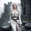 Placeholder: she has ethereal beauty amidst the mist-shrouded ruins of a stone castle. Her pale skin and white hair shimmered like moonlight. Clad in a white tunic, brown pants, and a leather belt with mysterious pouches, she stands, her silver dagger in hand, in the desolate landscape. her leather bracelets and corset, like a second skin of dark magic, witnesses of the countless battles she won Record of Lodoss War style, Linework: Expressive, expressive black ink line art with variable stroke weights. Cris
