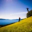 Placeholder: a man standing on top of a hill next to a lake