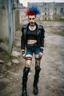 Placeholder: photo of a beautiful Polish young punk woman taken by a Mamiya M645 camera with portrait lens on colour medium-format film, red lips, blue eyes, red mohawk, black leather jacket, Ramones style, heavy boots, fishnet stockings, torn t-shirt, nosering, few earrings, belly ring