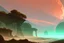 Placeholder: autumn vegetation, one exoplanet in the horizon, big stones, cliff, sci-fi.