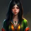 Placeholder: pretty girl, age 13, black hair, conventionally attractive, bright clothes, realism, dreamy, warlock