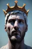 Placeholder: Ultra Realistic image, Roman sculpture, white marble material, Lionel Messi, gold crown of natural thorns, god crown, Renaissance style, sun rays background, waist up portrait, epic, celestial, cinematic lighting, God lights, 4k resolution, smooth details, soft lighting, unreal engine 5, art station, substance 3d.