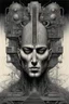 Placeholder: The face of a man with a Indian fathers on head with computer chips and a smoke in the background dark a thin line draw ، front view camera, decayed and rotting with grotesque proportions and imagery. surreal horror, biomechanical design, by hr giger and beksinski , fine lines draw