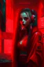 Placeholder: Cyberpunk girl name Orical, wearing red, in a room with five live video feeds