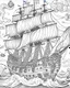 Placeholder: Create an exhilarating coloring page inspired by the Pirates of the Caribbean movie, featuring a majestic pirate ship sailing through rough seas. Challenge young artists to add their creative touch to billowing sails, the iconic Jolly Roger flag, and crashing waves. This black-and-white coloring adventure invites kids to embark on an exciting journey as they bring this thrilling pirate ship scene to life on paper.